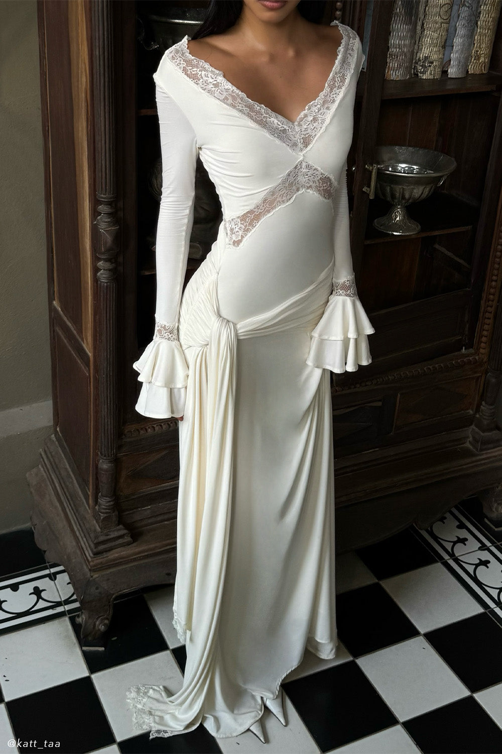 Electra Slinky Lace Maxi Klänning - Elfenben